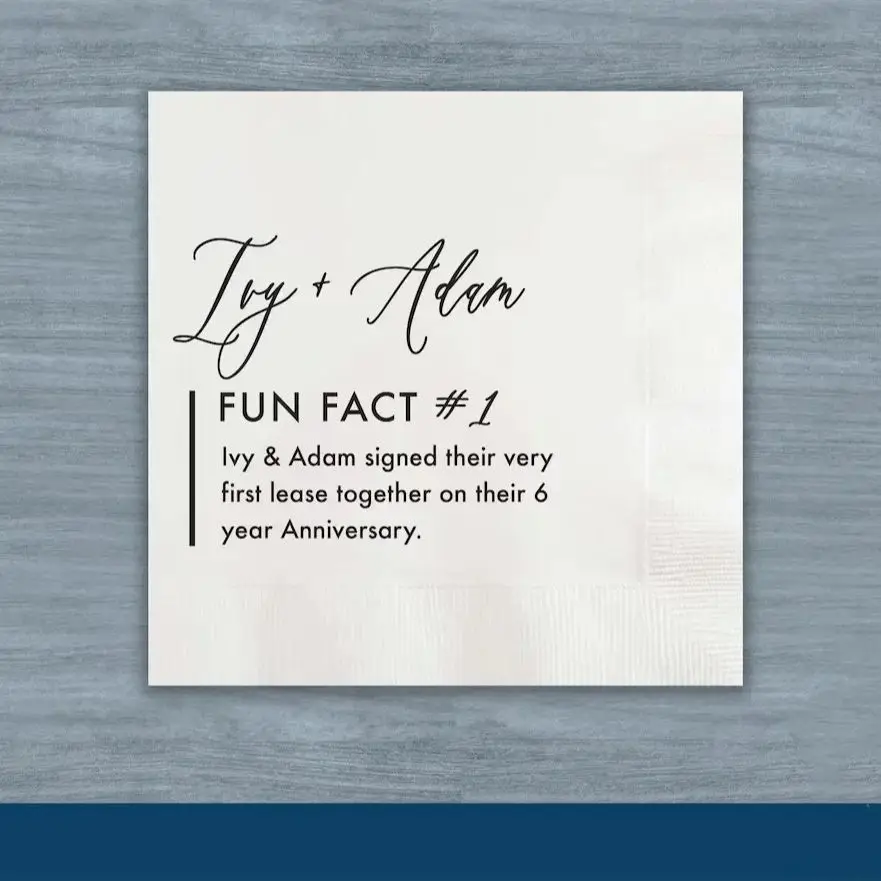 50pcs Fun Fact Calligraphy Custom and Personalized Wedding, Engagement or Rehearsal Dinner Beverage Napkins 
50pcs Fun Fact Calligraphy Custom and Personalized Wedding, Engagement or Rehearsal Dinner Beverage Napkins