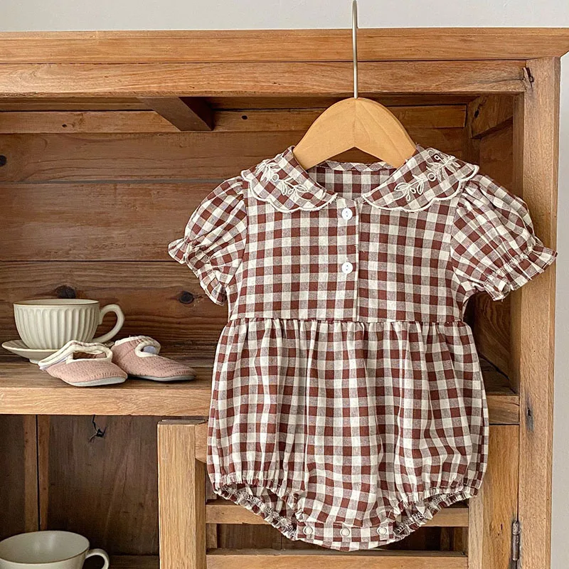 Summer Infant Clothes Baby Girl Rompers Plaid Embroidered Collar Lantern Short Sleeves Bodysuit Jumpsuits Toddler Clothing 0-24M 
Summer Infant Clothes Baby Girl Rompers Plaid Embroidered Collar Lantern Short Sleeves Bodysuit Jumpsuits Toddler Clothing 0-24M