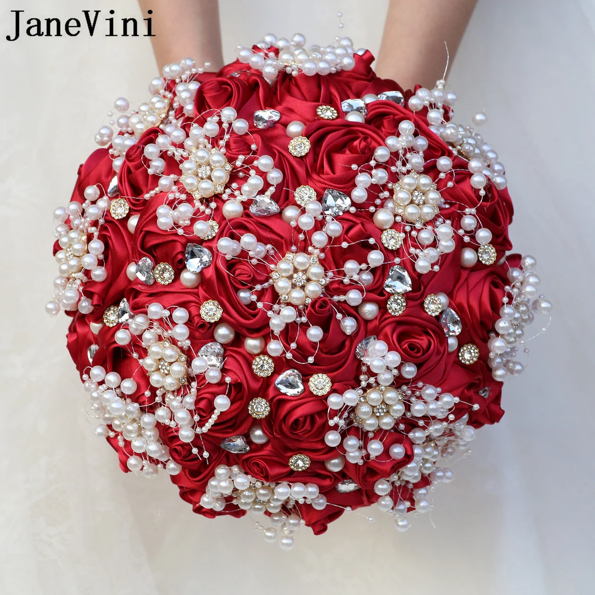 

JaneVini Luxurious Crystal Pearl Bouquet for Bride Burgundy Rose Rhinestone Bridal Flower Wedding Bouquets Ramos Para Novia 2023
