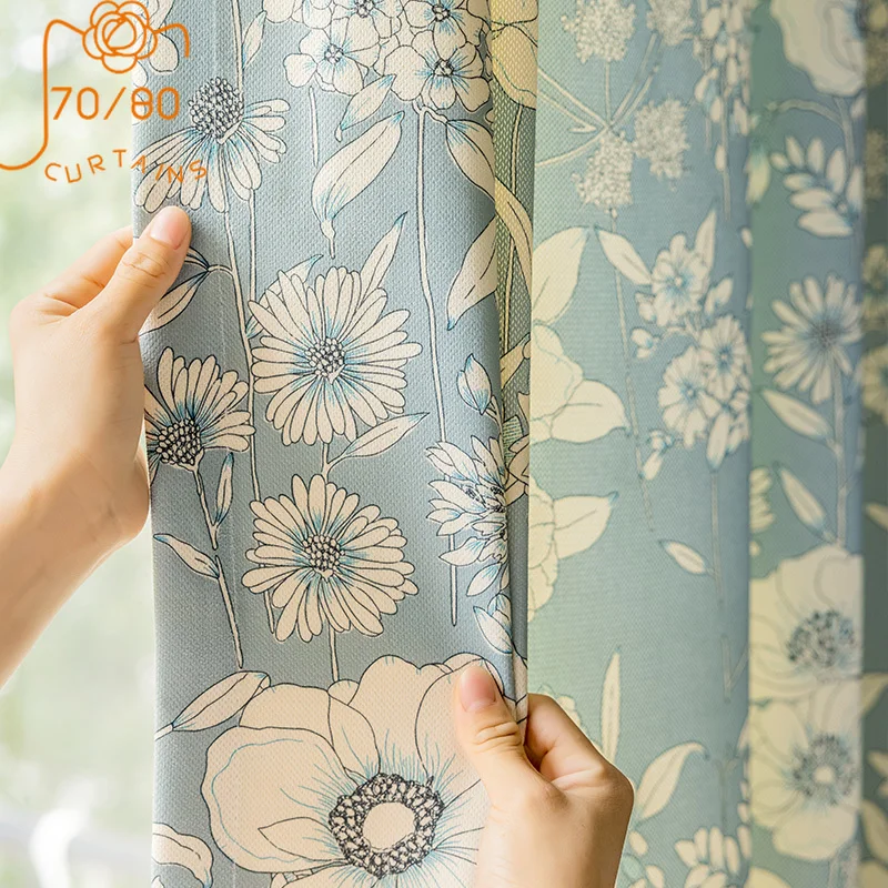 

New Chinese Style Pastoral Blue Printed Cotton Linen Curtains for Living Room Bedroom Semi French Window Customized Finished