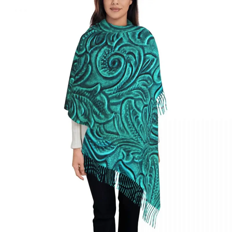 

Бирюзовый тисненый кожаный шарф с цветочным рисунком, шарф для женщин, Длинная зимняя теплая шаль с кисточками, шарфы унисекс