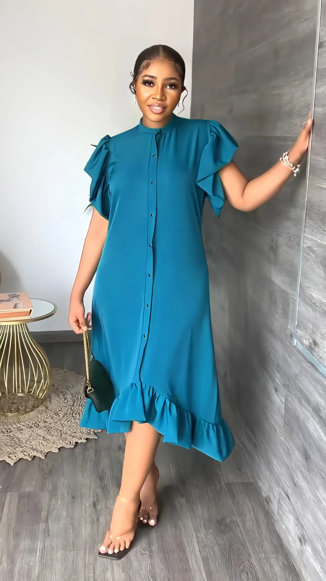 

New Summer Women's Clothing Recommended Short-sleeved Round Neck Fashion Temperament Straight Ruffled Stitching Solid Color Dres