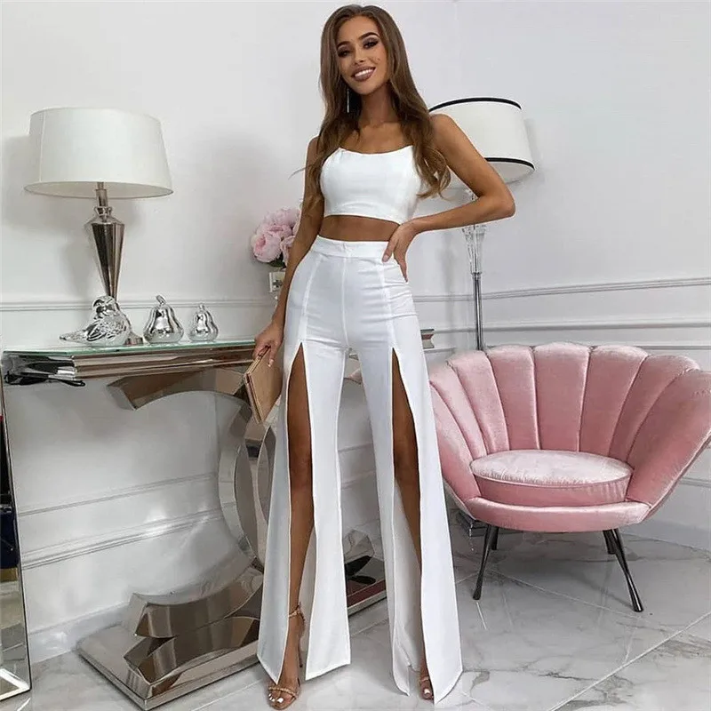 

BoozRey Pants Women Sexy Midnight High Slit Flare Pants Women Bottoms White Black High Waist Trousers Female Bell Bottoms Casual