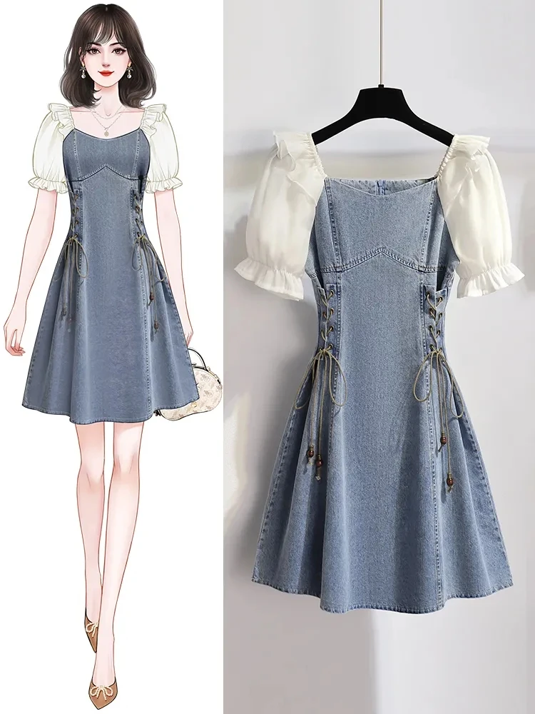 

Women's Denim Dress Female Fashion Square Collar Puff Sleeve Bandage Fake Two A-Line Dresses Preppy Style Splicing Summer New