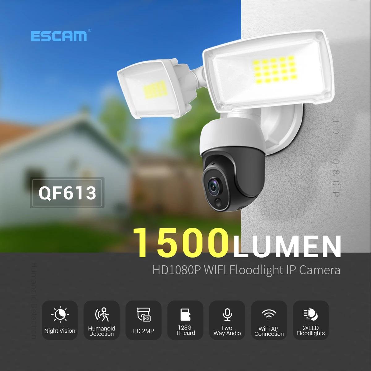 

ESCAM QF613 Floodlight 2MP Siren Alarm PIR Motion Detection WIFI Connection IP66 two-way Voice Night Vision Garden Camera