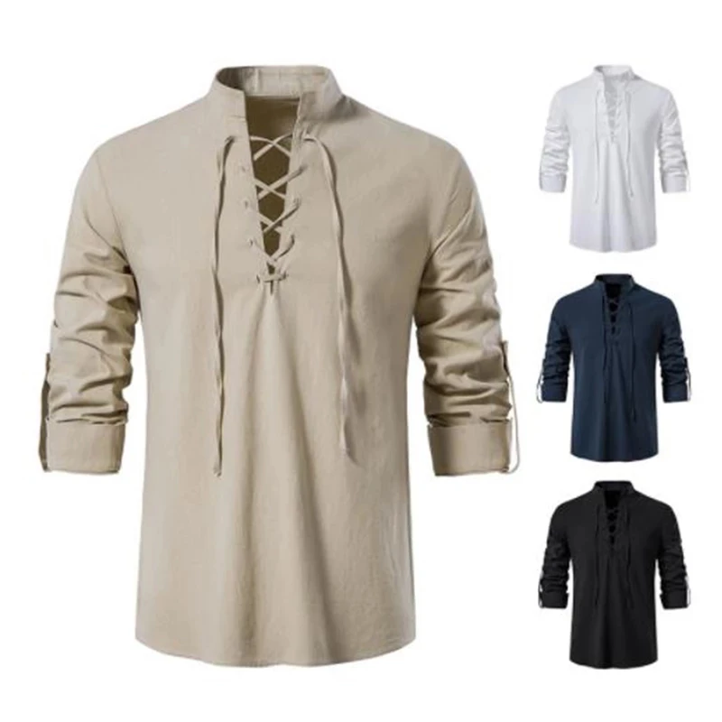 New Men Long-Sleeved V-neck T-shirt Cotton and Linen Led Casual Men's T-shirt Shirt Male Breathable Viking Front Lace Up Shirts
New Men Long-Sleeved V-neck T-shirt Cotton and Linen Led Casual Men's T-shirt Shirt Male Breathable Viking Front Lace Up Shirts