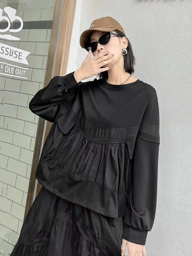 

XITAO Casual Folds Splicing T-Shirts Black Loose Fashion Draw String Top Simplicity Women All-math T-shirt 2023 Winter DMJ3401