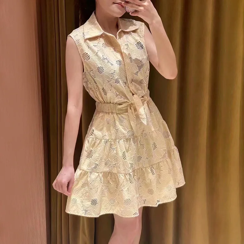 

Women's Mini Dress Hollow Daisy Off the Shoulder Casual 2024 Summer New Turn Down Collar Buttons Lace-up Waistband Short Robe