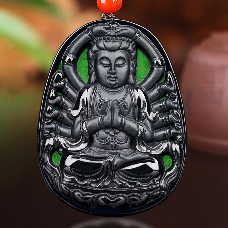 

Hot Selling / Hand-carve Jade Mo Cui Thousand-handed Avalokitesvara Necklace Pendant Fashion Jewelry Men Women Luck Gifts