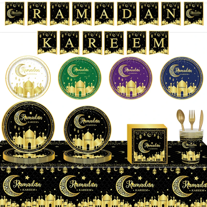 

Eid Mubarak Tableware Set Ramadan Black&gold Castle Dinner Plate Paper Cup Paper Towel Tablecloth Flags Home Party Decorations