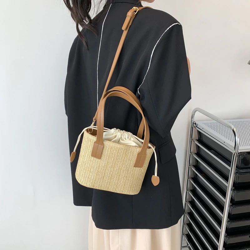 Knit Straw Bucket Tote - Woven Beach Travel Bag with Wrist Handle 8 S1fac83d1b478408fafc85bfebfd1c1339