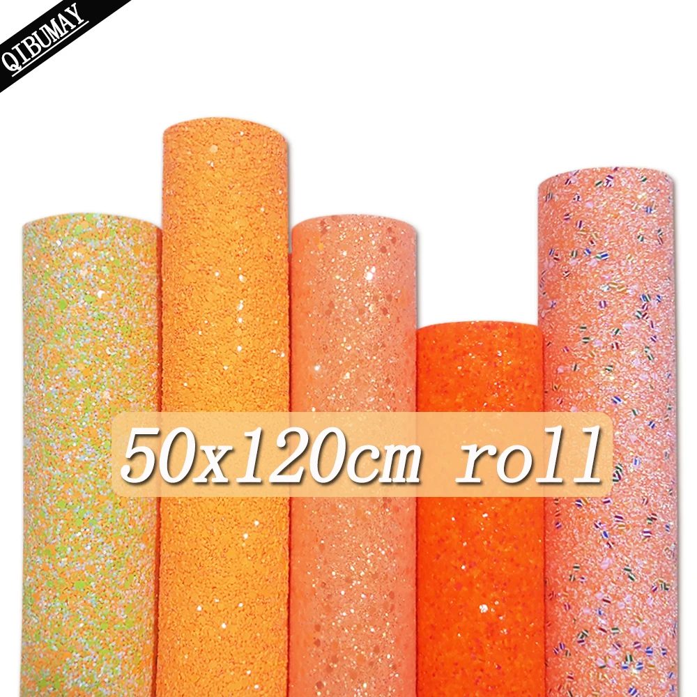 

QIBU 50x120cm Orange Faux Leather Roll Shiny Chunky Glitter Fabric By Yard Craft Material Vinyl For Bags DIY Hairbow Accessories