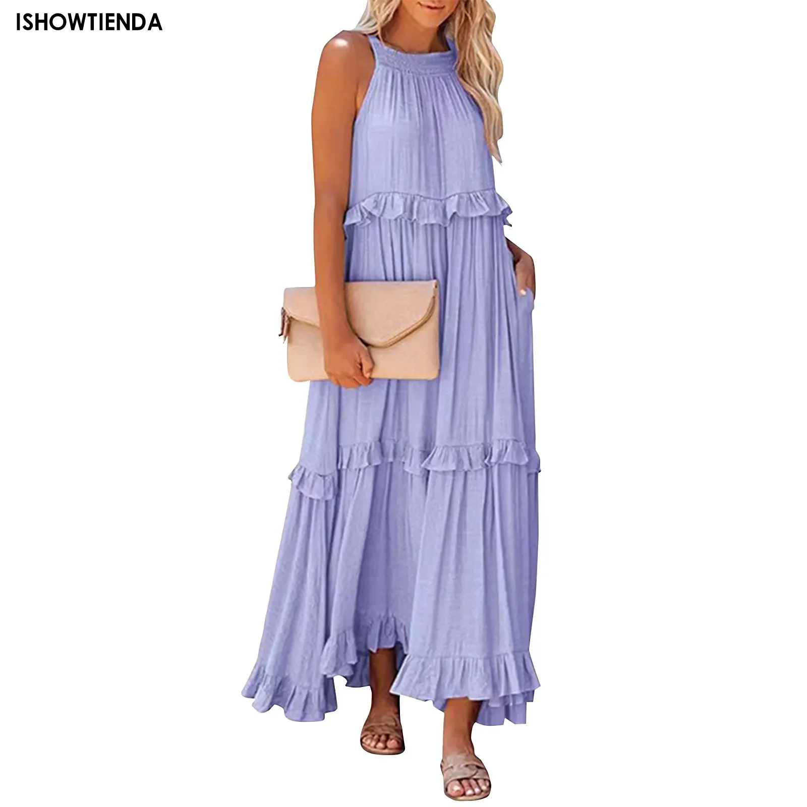 

Summer Loose Long Dress Women Sexy Sleeveless Ruffled Maxi Dress Casual Loose Pleated Beach Big Swing Sundress Robe Vestido