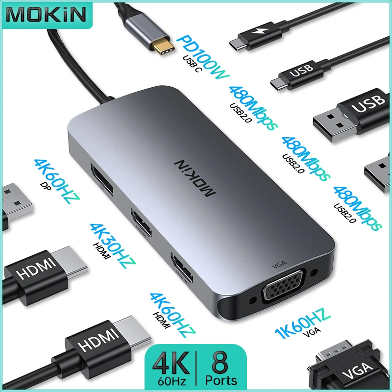 

Док-станция MOKiN 8 в 1 для MacBook Air/Pro, iPad, ноутбука Thunderbolt — USB2.0, Type-C 3.0, HDMI 4K60 Гц, DP 4K60 Гц, PD 100 Вт