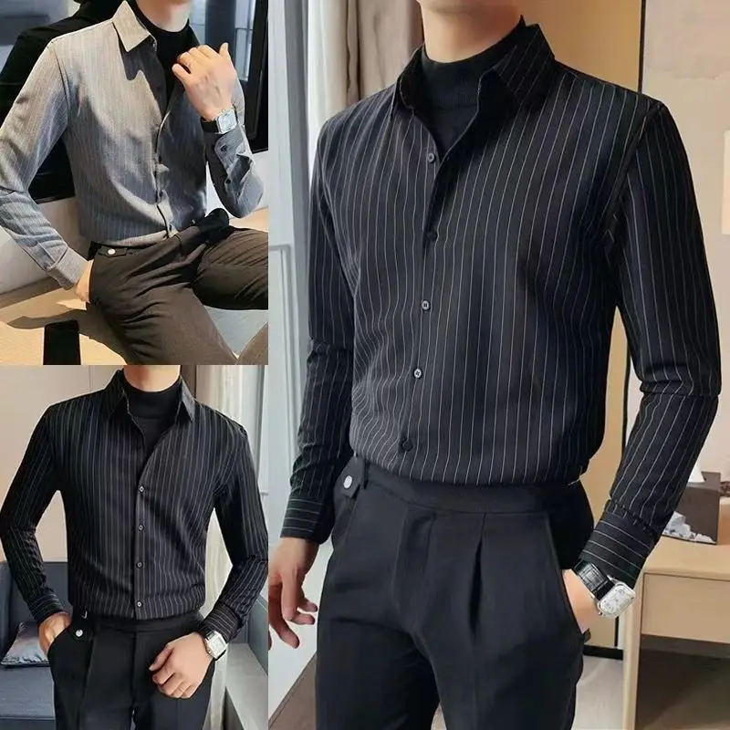 

Striped Business Male Top Long Sleeve Men's Shirt and Blouse Aesthetic Elegant Free Shipping Casual Asia Silk Hipster Clothes I