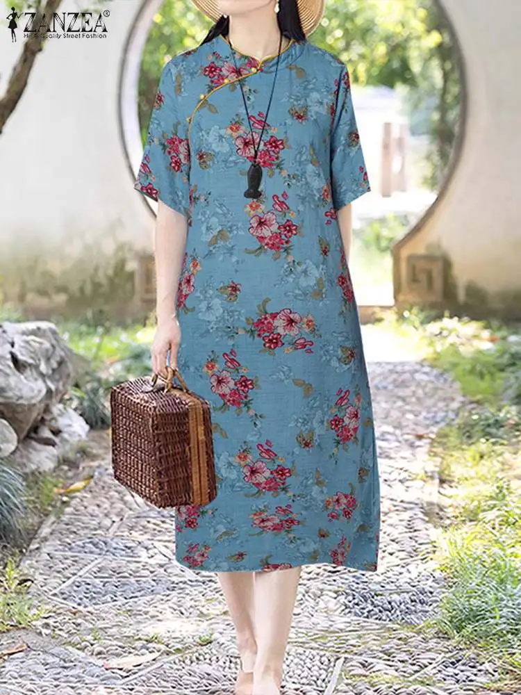 

Платье ZANZEA женское праздничное средней длины, повседневное винтажное свободное с рукавом до локтя, с воротником-стойкой, в стиле ретро, с цветочным принтом, лето 2024