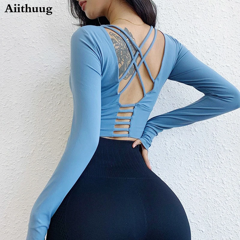 

Aiithuug Thumbholes U-neck Crisscross Yoga Tops With Built In Cup Tight Fitting Beauty Back Long Sleeves Fast Drying Sport Suit