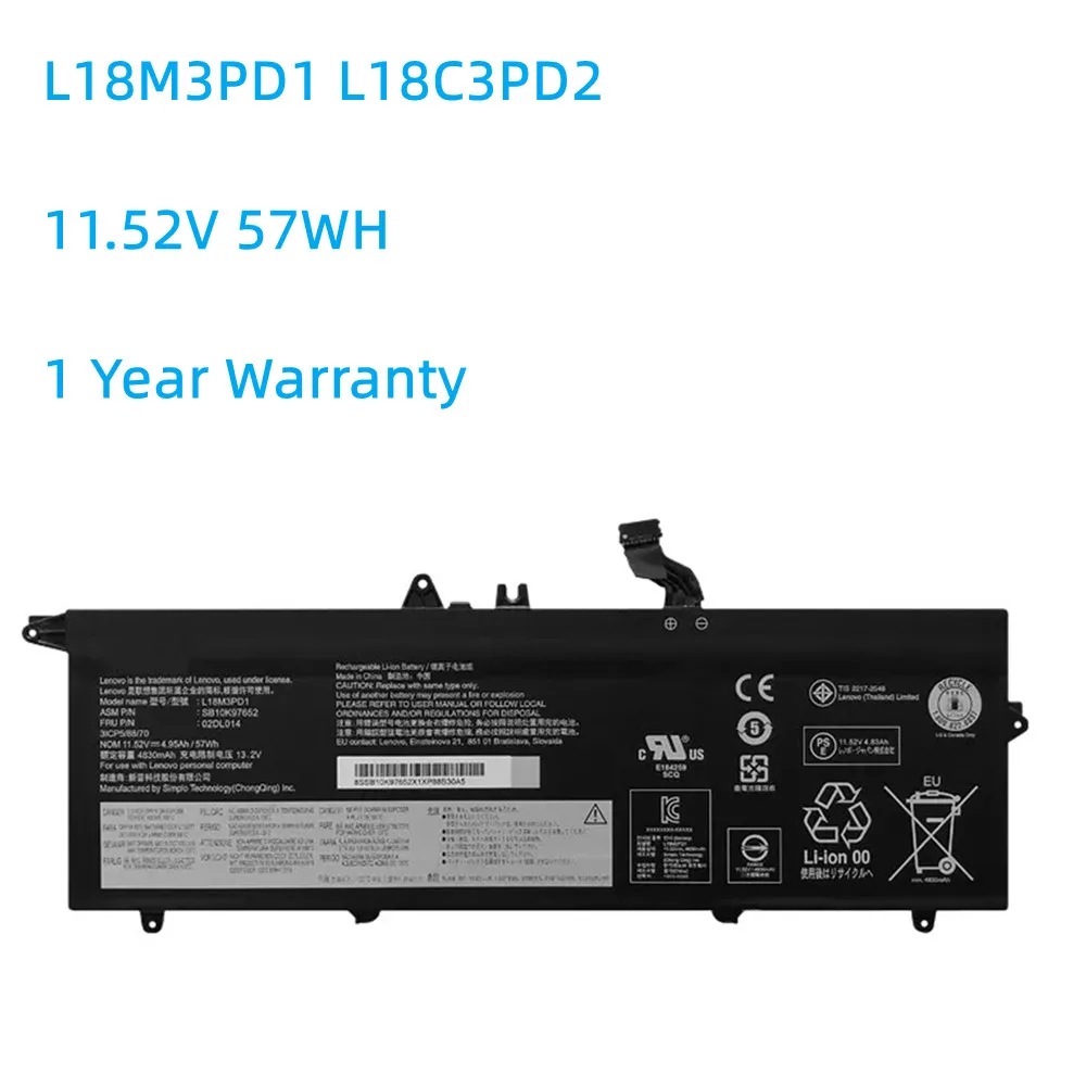 

57WH L18M3PD1 L18C3PD2 Laptop Battery For Lenovo ThinkPad T14S T490S T495S Series L18C3PD1 L18L3PD1 L18M3PD2 02DL013 02DL01