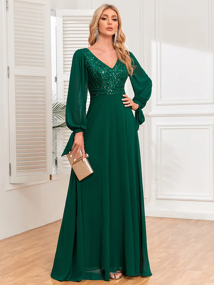 

Green Elegant Sequin Maxi Evening Party Dress For Women 2023 Long Sleeve Chiffon New Prom Gowns Sexy Draped Swing Cocktail Dress