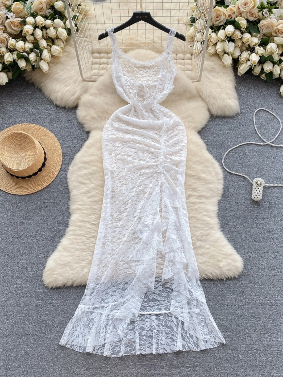 

Платье Foamlina женское прозрачное кружевное, пикантное элегантное пляжное вечернее Макси-Платье на бретелях-спагетти, без рукавов, с рюшами и оборками, на лето