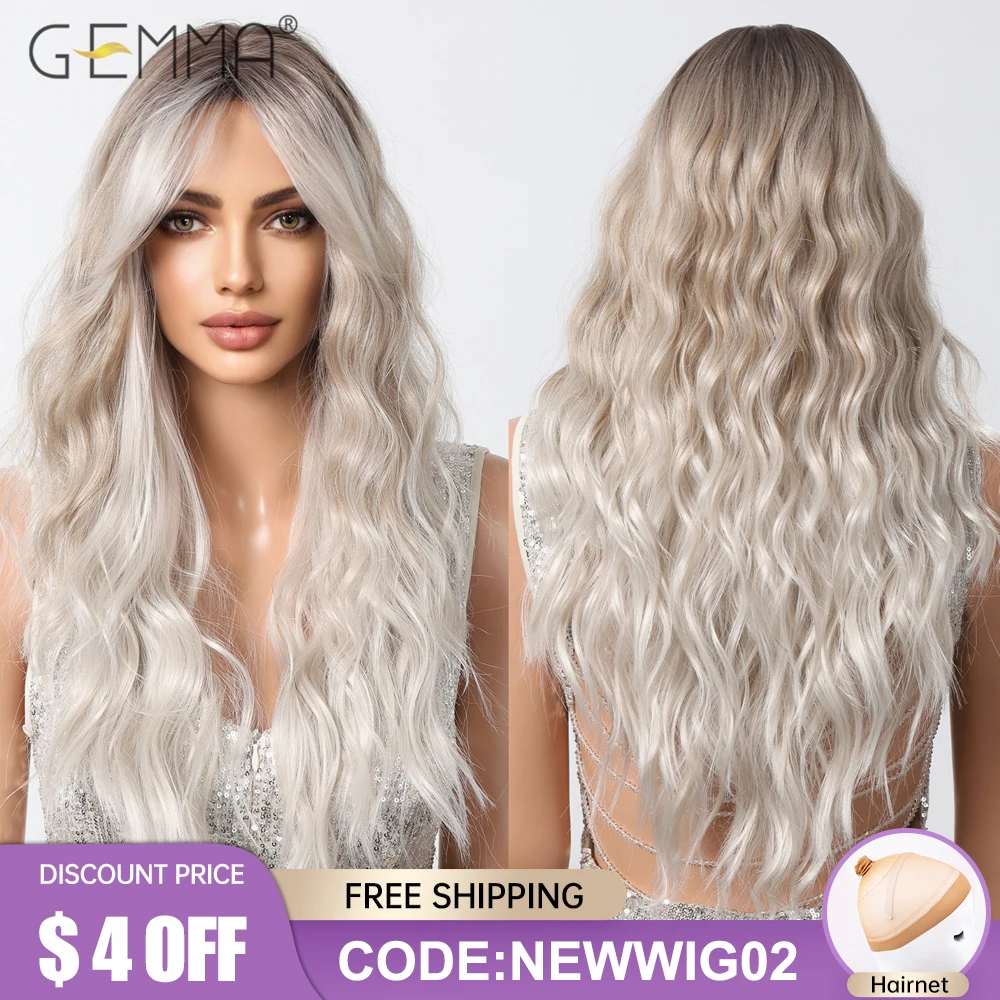 

GEMMA Synthetic Long Curly Platinum Blonde Wig with Bangs for Women Ombre Cosplay Party Natural Hair Wigs Heat Resistant Fibre