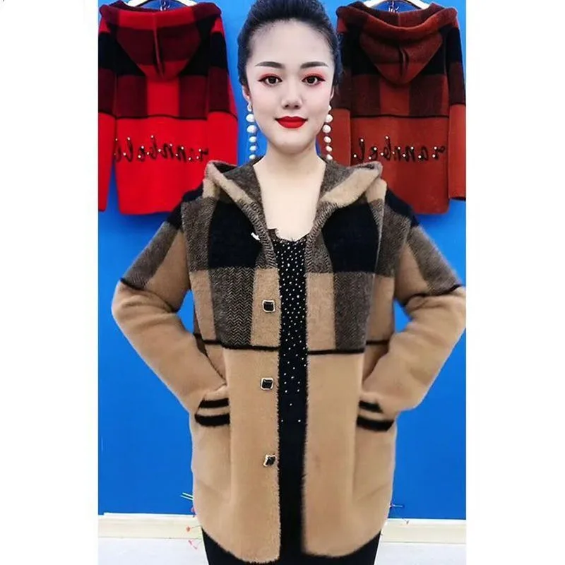 

2023 New Imitation Mink Down Cropped Coat Women Autumn Winter Hooded Thickened Fashion Knitted Cardigan Jacket