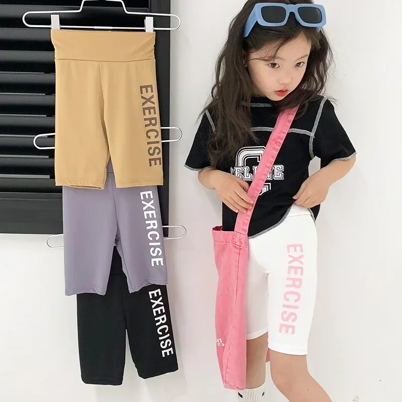 

Girls Shorts Teenagers Letter Print Bottom Leggings Kids Knee Length Five Pants Summer 2-12Years Children's Bicycle Trousers