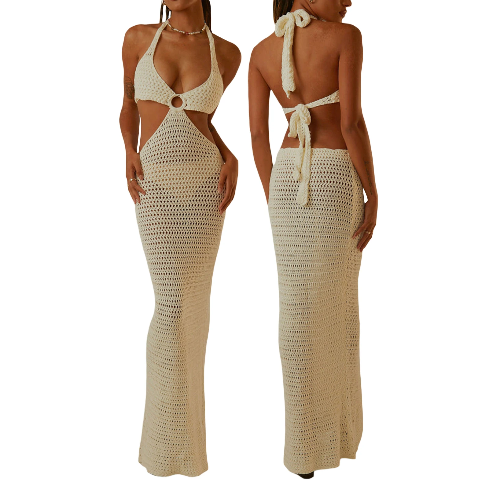 

Yiiciovy Women Bikini Cover-Ups Knitted Hollow V-neck Halter Tie-up Dress Swimsuit Cover-Up Sexy Backless Crochet Beach Dresses