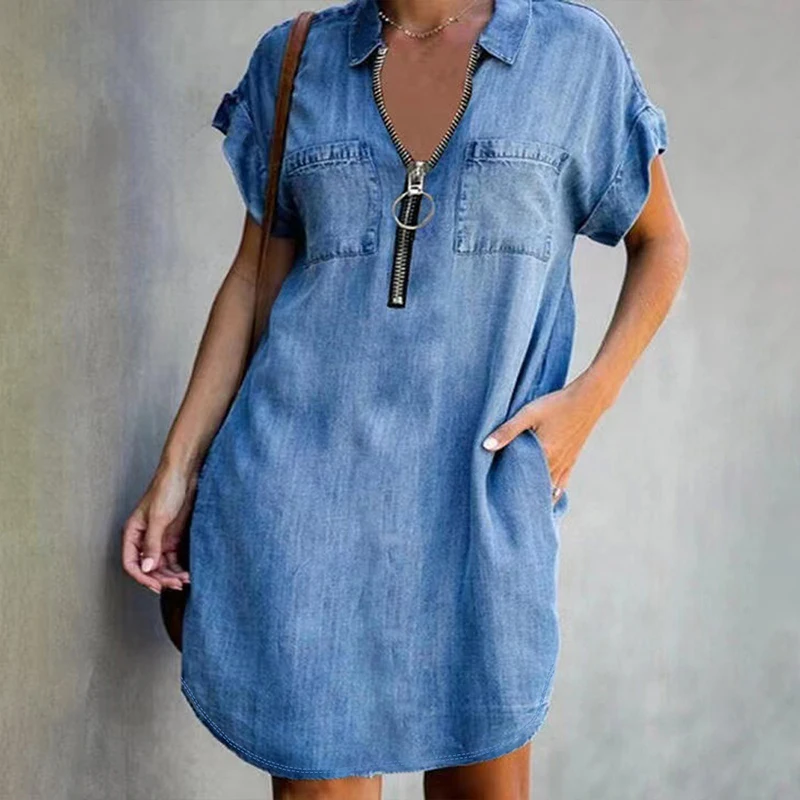 

Женское джинсовое платье-рубашка с отложным воротником, летнее короткое платье на молнии с коротким рукавом, свободное платье в ковбойском стиле с карманами