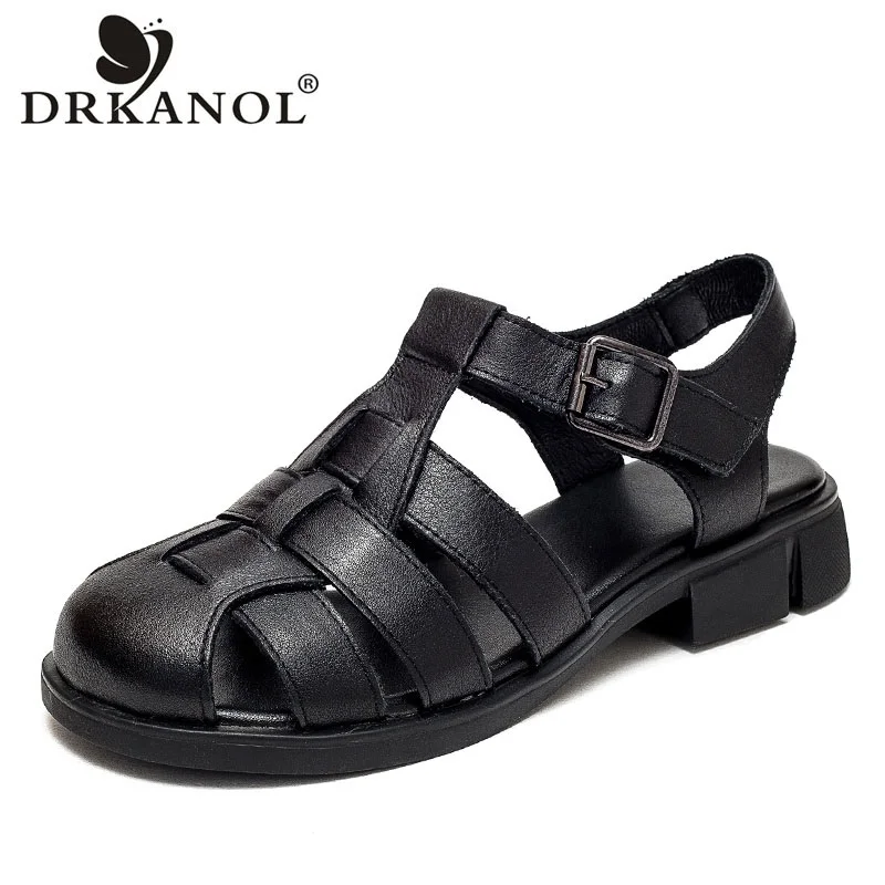 

DRKANOL Women Sandals 2024 Summer Women Flat Heel Gladiator Sandals Ladies Concise Solid Color Genuine Leather Roman Shoes Black