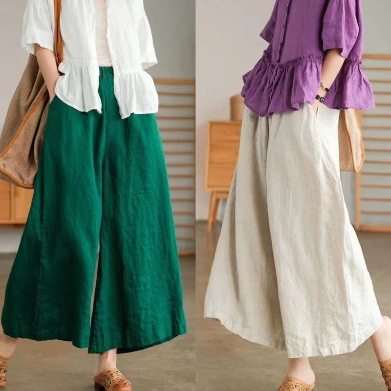 

2023 Cotton Linen Home Wear Loose Pants for Women Summer Casual Baggy Wide Leg Trousers Purple Soft Capri Pants Women's Joggers