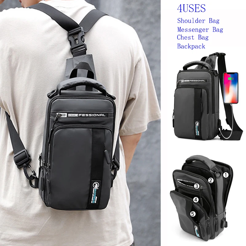 

Small Backpack Chest Pack Shoulder Bag for Men with USB Charging Port Travel Male Nylon Sling Messenger Rucksack Cross body Bags