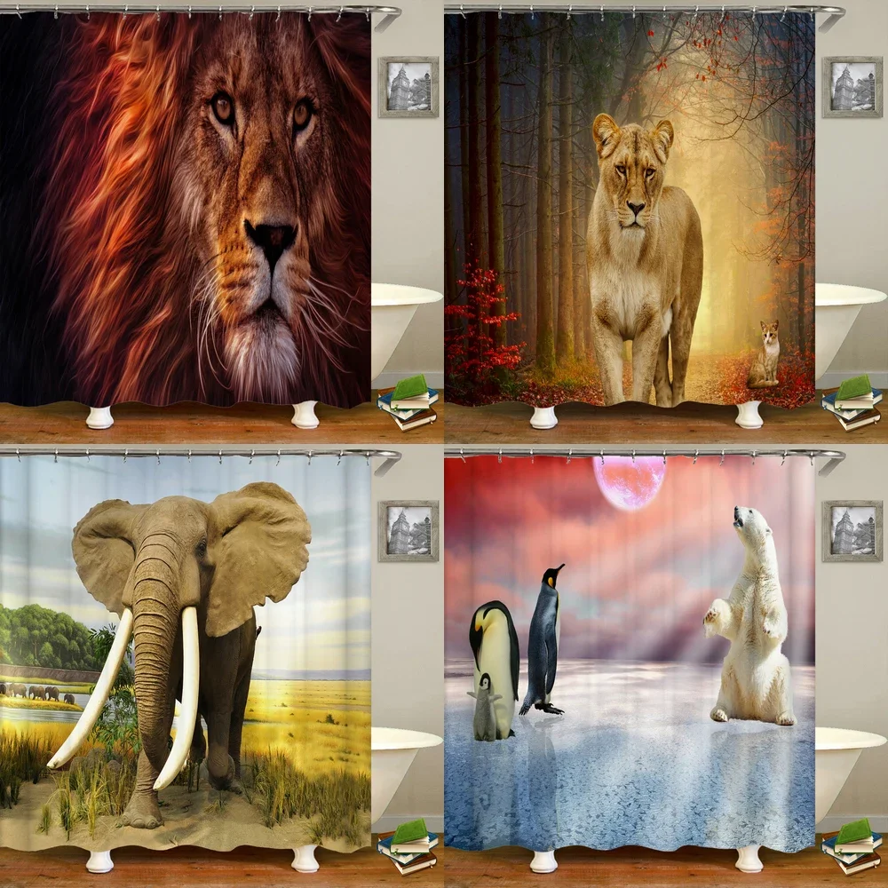 

Elephant Tiger Lion Deer Bear Shower Curtain 3D Print Animal Waterproof Polyester Fabric Bathroom Home Decoration Bath Screen