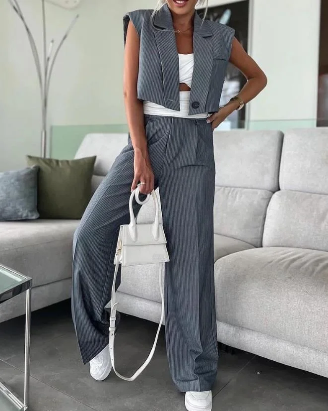 Two Piece Set Women Outfit Summer Fashion Striped Padded Shoulder Notched Collar Sleeveless Top & Elegant Wide Leg Pants Set 
Two Piece Set Women Outfit Summer Fashion Striped Padded Shoulder Notched Collar Sleeveless Top & Elegant Wide Leg Pants Set