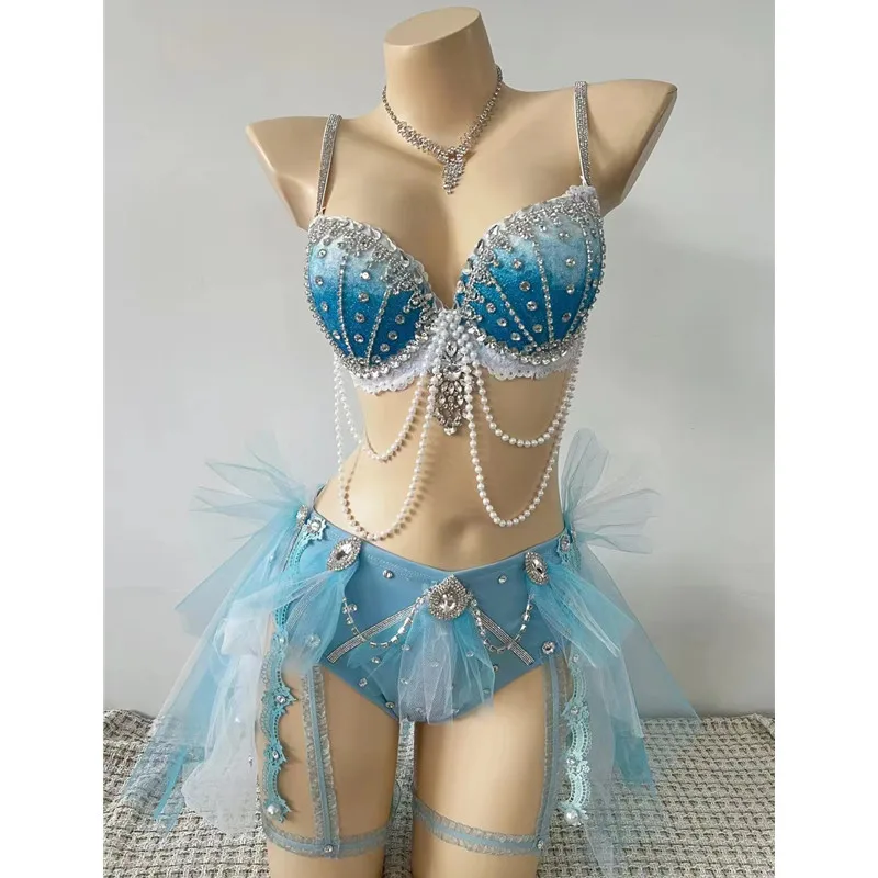 

Sky Blue Rhinestones Shell Bikini DJ Pole Dance Costume Nightclub Female Singer Dancer Stage Party Rave Music Festival Outfit