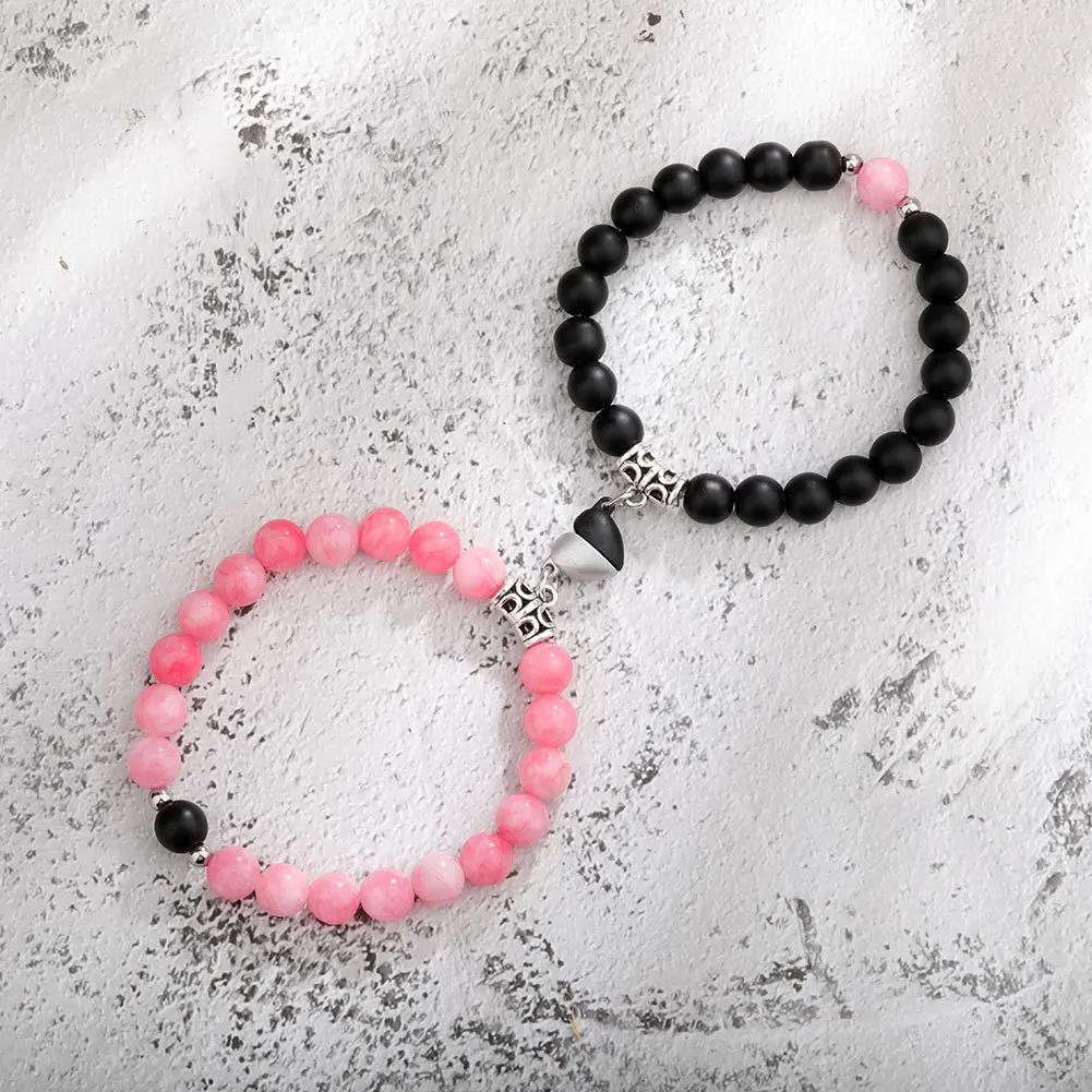 

8MM 2Pcs/Set Pink Natural Stone Beads Bracelet For Lovers Distance Heart Magnet Couple Bracelets Fashion Friendship Jewelry Gift