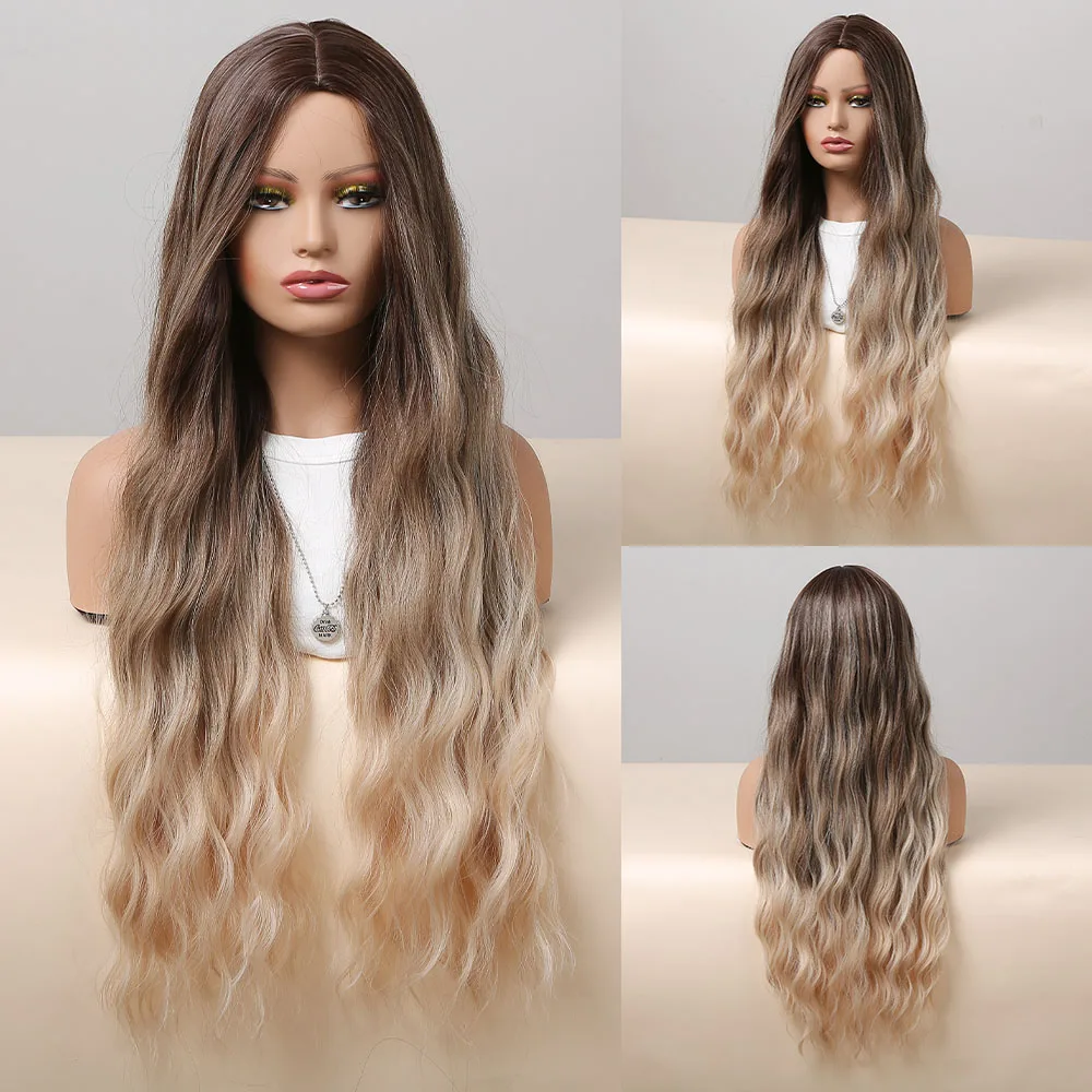 

Длинный кудрявый синтетический парик с эффектом омбре, коричневые светлые парики, натуральный парик средней длины, термостойкий парик для женщин, для ежедневного косплея, волнистые волосы