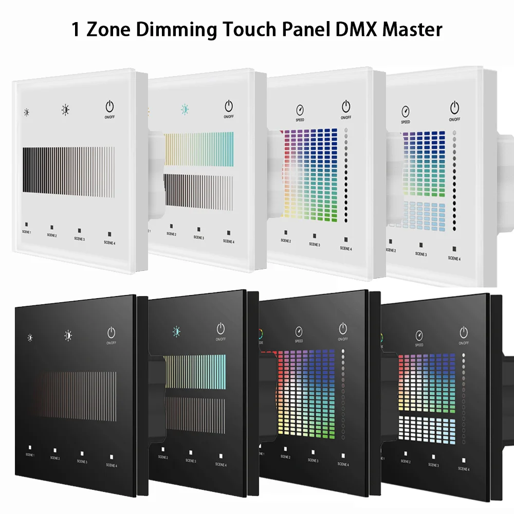 

1 Zone Dimming Glass Touch Panel DMX512 Master AC 100-240V CCT/RGB/RGBW/RGBCCT LED Light Dimmer Switch 2.4G RF Remote Control