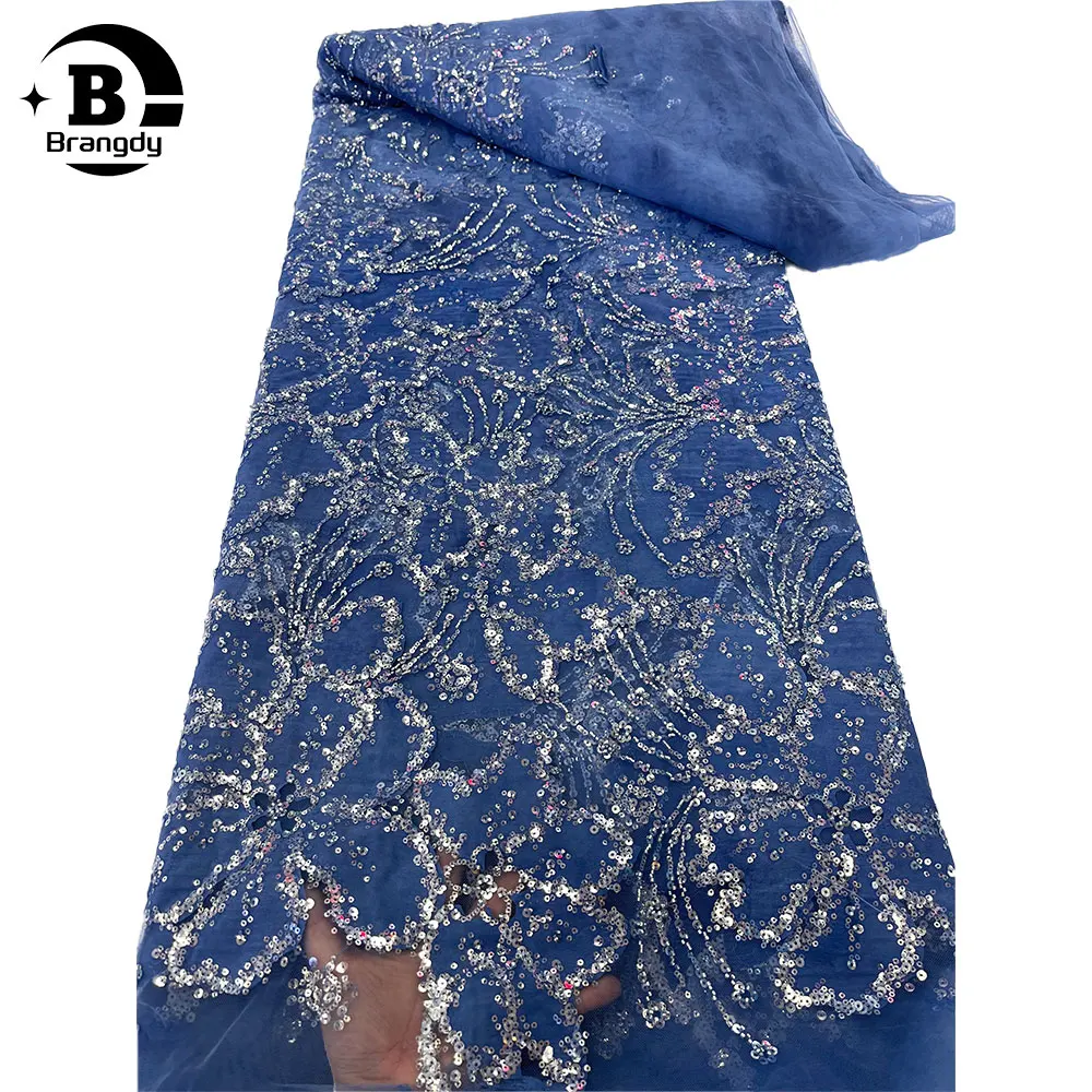

Blue African Sequins Lace Fabric 2024 High Quality 5 Yards Embroidery French Nigerian Tulle Lace Fabric For Wedding Party Sewing