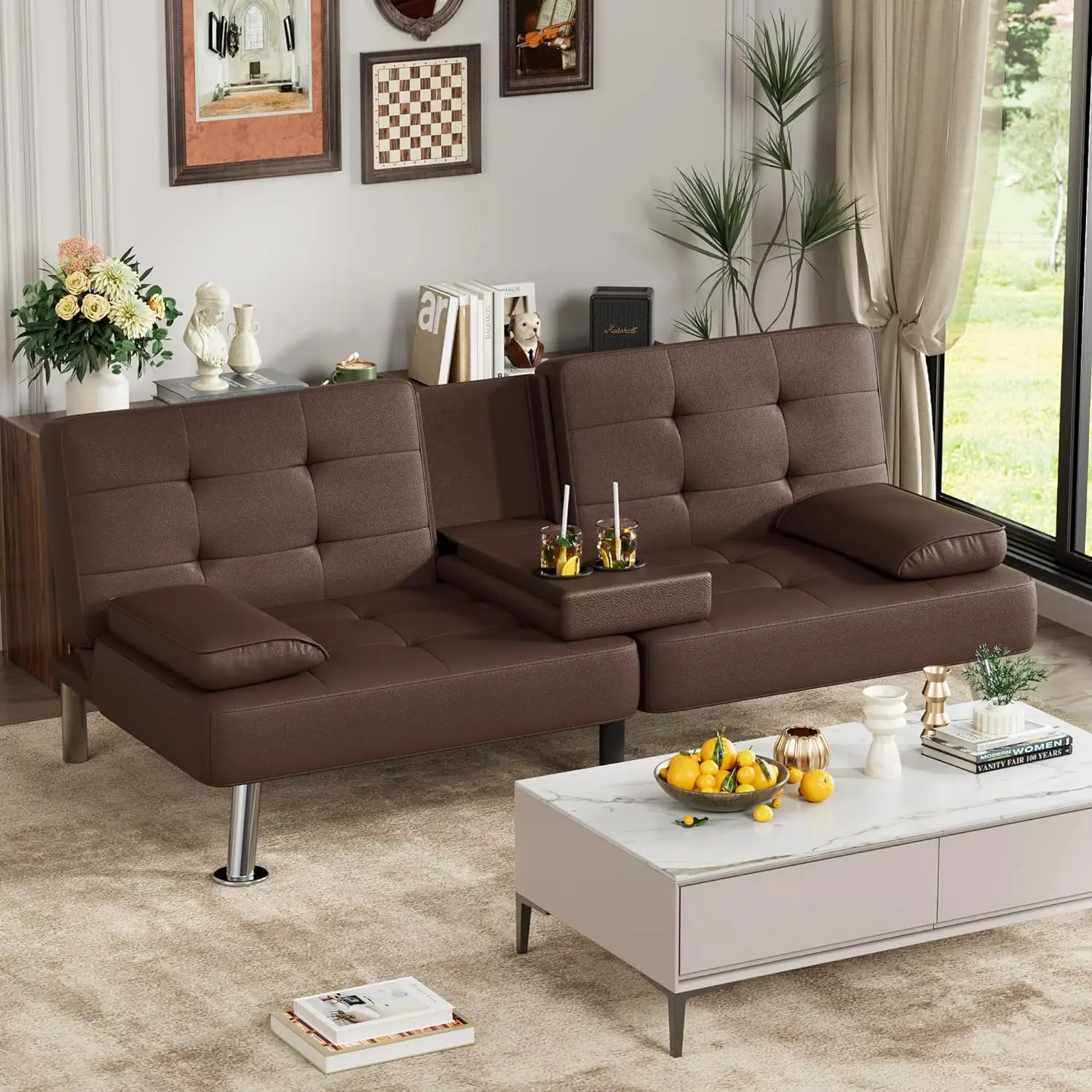 Faux Leather Upholstered Sofa Foldable Futon Sofa Bed Adjustable Recliner Watching TV Playing Games Sofa Bed For Living Room 
Faux Leather Upholstered Sofa Foldable Futon Sofa Bed Adjustable Recliner Watching TV Playing Games Sofa Bed For Living Room