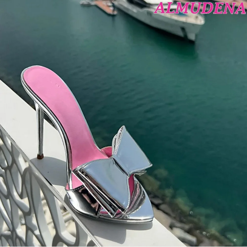 

Women Sliver Metallic Bow Stiletto Slippers Pink Sole High Heels Pointy Toe Mules Plus Size 2023 New Designer Party Shoes