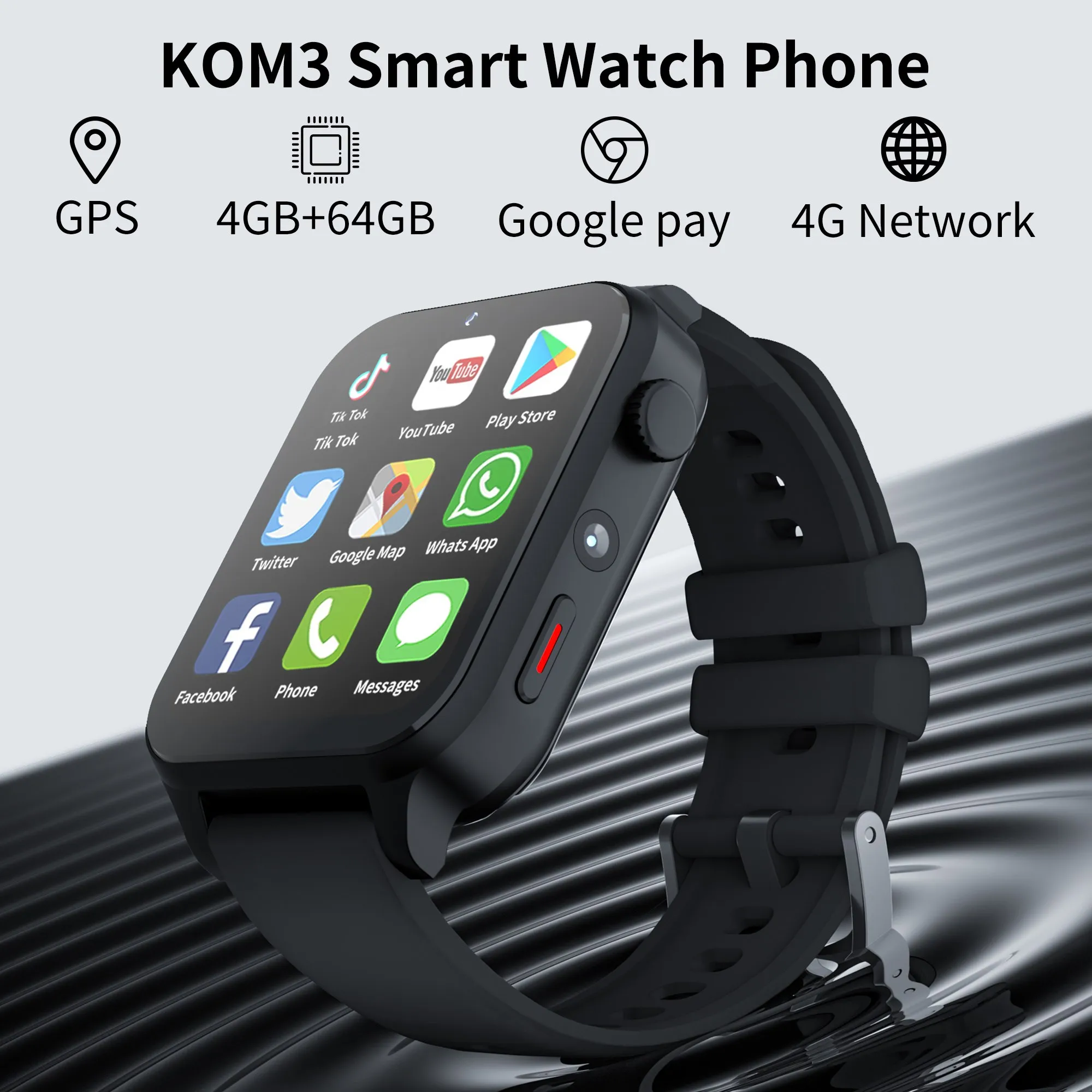 

2023 New KOM3 4G LTE Network Smartwatch 4GB 64GB Android 9.0 1.99" Dual Camera Smart Watch With SIM Card GPS Google Play Store