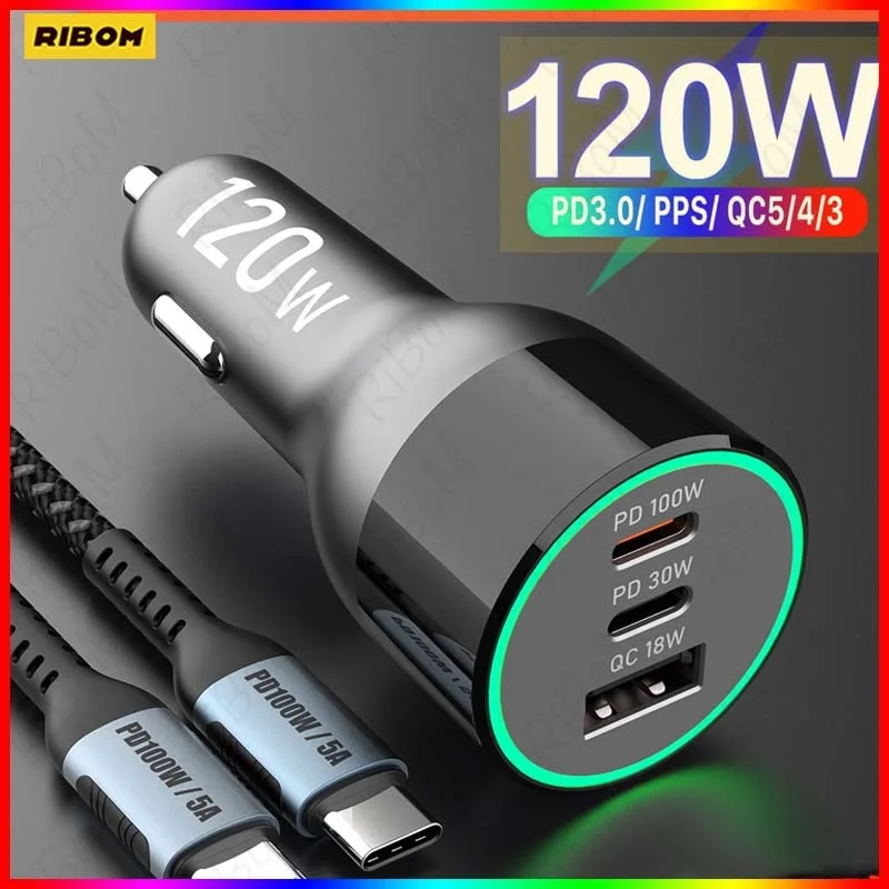 Новое автомобильное зарядное устройство с 3 портами USB C 120 Вт QC5 PD 100 PPS 45 30 QC3.0 18 для