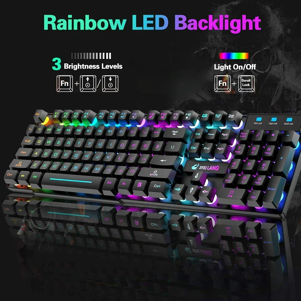 Gaming Mechanical Keyboard Feel Rainbow LED Backlight USB Keyboard and Mouse Set Ergonomic for PC Laptop Computer Gamer Gaming Mechanical Keyboard Feel Rainbow LED Backlight USB Keyboard and Mouse Set Ergonomic for PC Laptop Computer Gamer