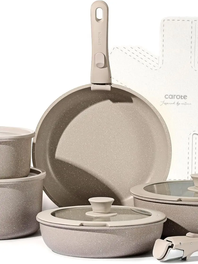 

CAROTE 15pcs Pots and Pans Set, Nonstick Cookware Set Detachable Handle, Induction Kitchen Cookware Sets Non Stick with