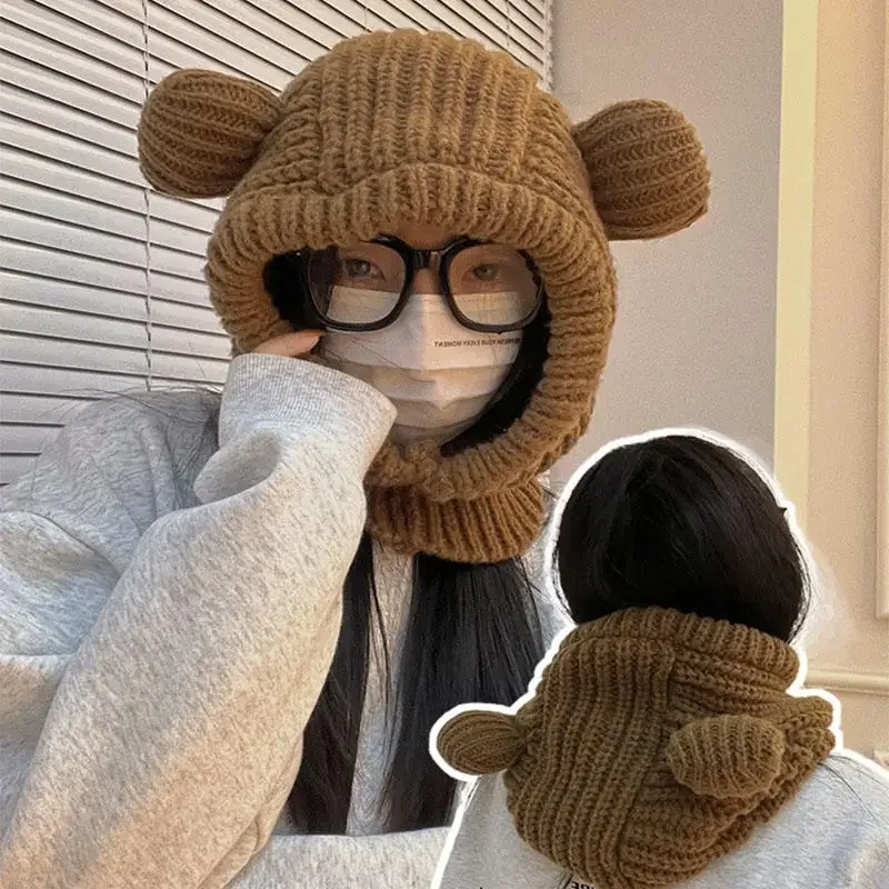 

Cartoon Korean Wool Hooded Babybear Hat Women Winter Warm Ear Protection Headgear Knitted Bib Scarf Cap Bear Ears Crochet Bonnet