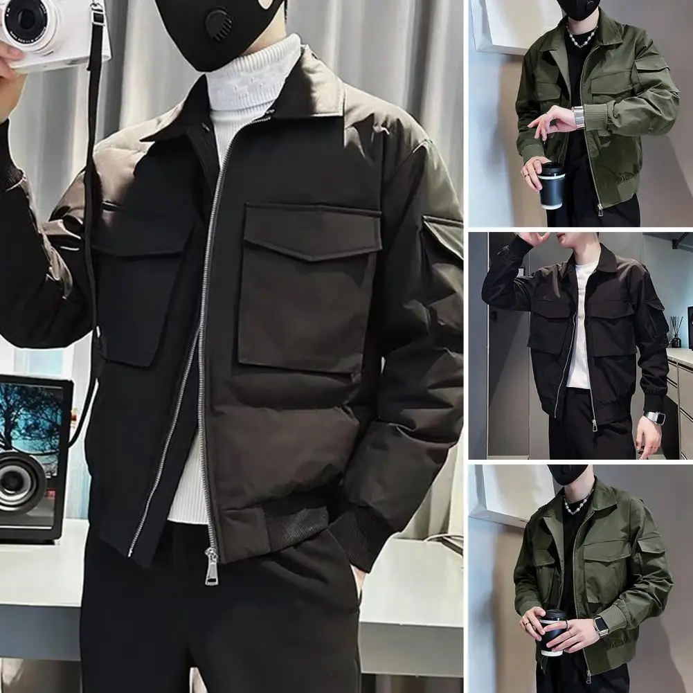 

Zipper Jacket Hip Hop Streetwear Men's Jacket with Multiple Pockets Zipper Closure Lapel Buttons Solid Color Coat for Casual