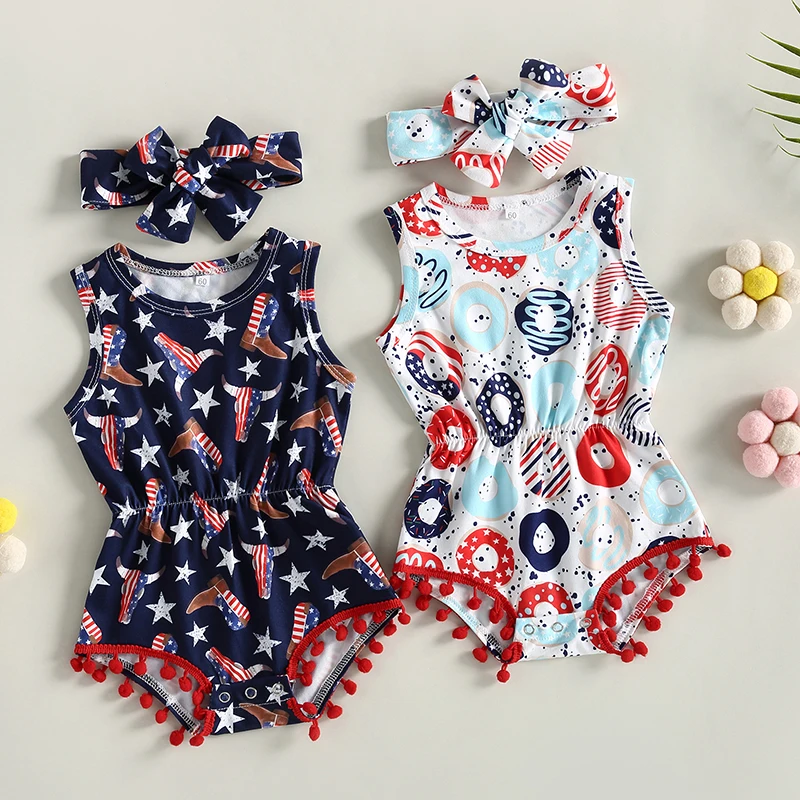 

2023-03-29 Lioraitiin 0-18M Infant Baby Girls 2Pcs Summer Bodysuit Sleeveless O Neck Boots & Cattle Head/ Donut Print Playsuit