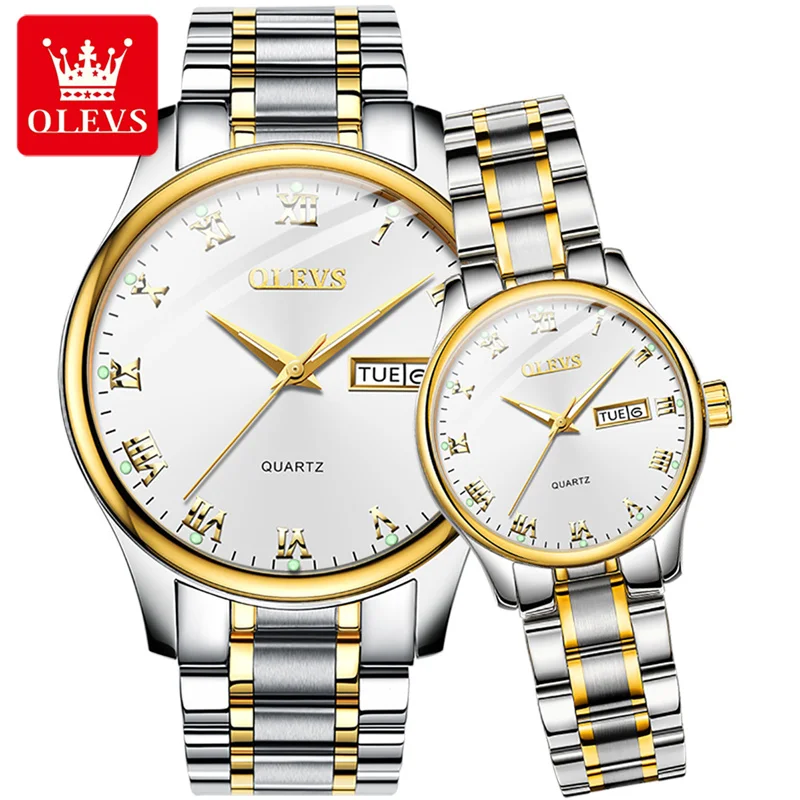 

OLEVS 2024 New Fashion Couple Quartz Watch for Men and Women Luxury Stainless Steel Waterproof Week Calendar Lover's Wristwatch