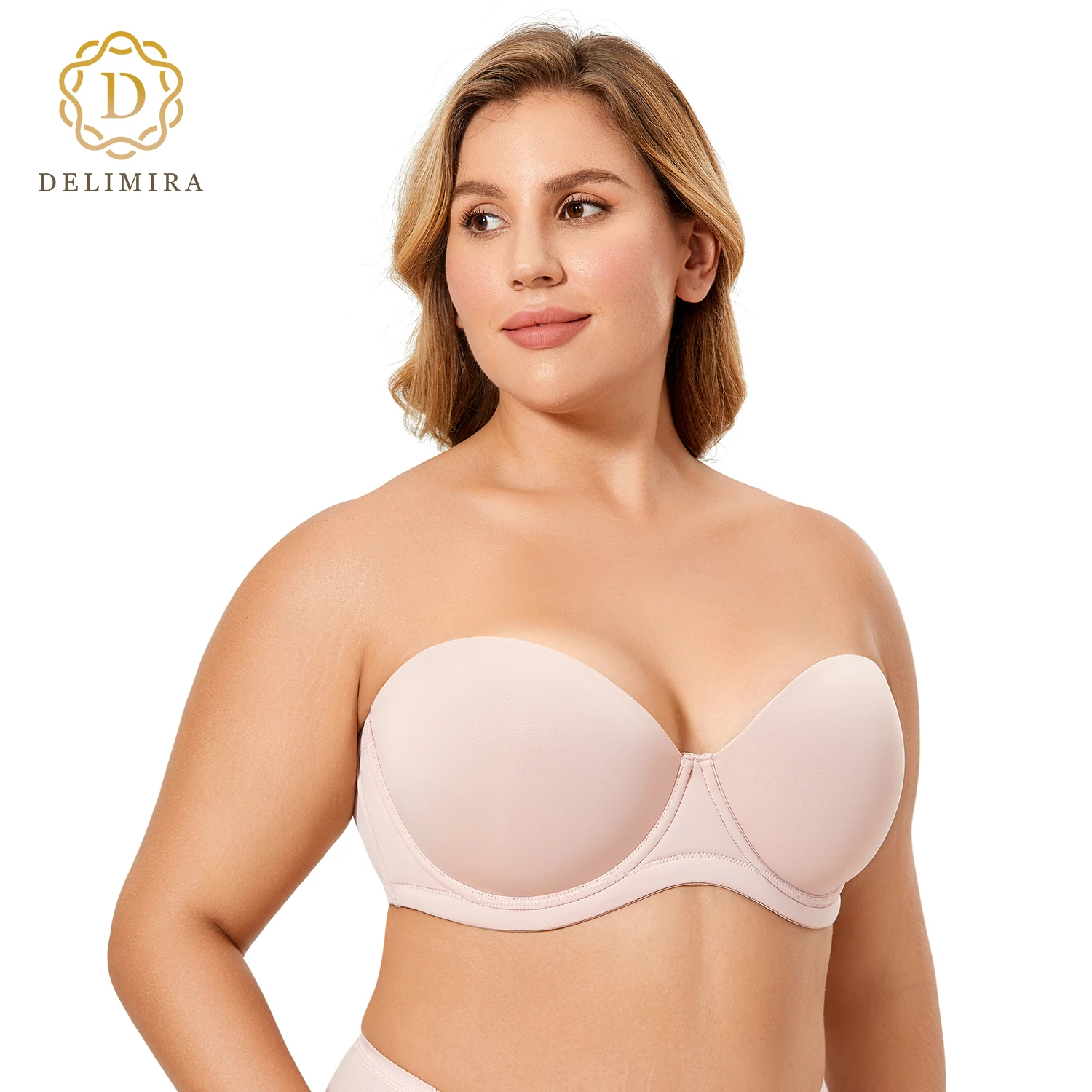 

Delimira Women's Push Up Strapless Bra Plus Size Full Coverage Multi way Underwire Contour Silicone Slightly Padded DD E F G